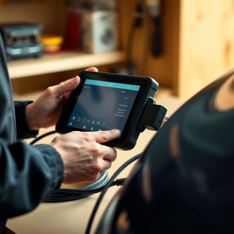 Techniker mit Diagnosetablett am OBD-Anschluss eines Fahrzeugs
