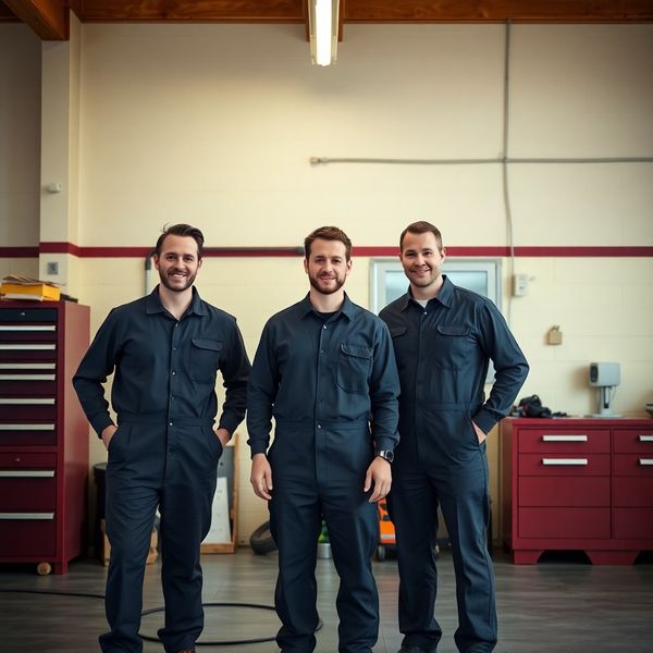 Drei Kfz-Mechaniker in dunklen Overalls in der Werkstatt